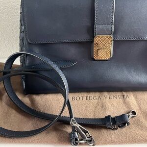 Bottega Veneta Navy Leather Shoulder Bag with Gold Clasp